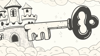 Obraz premium Illustration showing a castle with turrets, clouds, and a large key floating in the sky above it silhouette