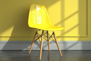 Yellow chair against yellow wall, sunlight