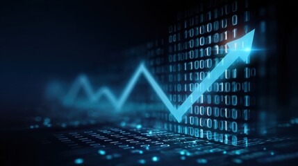 Digital blue glowing graph with rising arrow binary code background futuristic data visualization financial growth technology abstract modern success progress innovation optimism