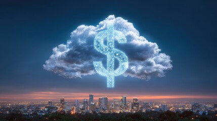 Cloud dollar city finance technology night skyline digital sky business form core of this image showing glowing digital dollar sign within cloud above city skyline night symbolizing financial