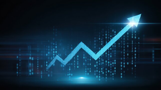 Digital blue glowing graph with rising arrow binary code background futuristic financial growth technology progress data analytics abstract success upward trend innovation