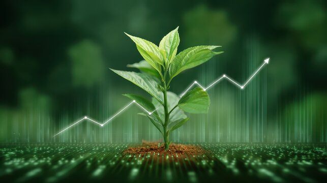 Young green plant with fresh leaves growing from soil, digital interface and upward stock growth line, symbolizing financial success, investment, and sustainable development