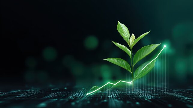 Green plant digital interface stock growth technology finance sustainability eco friendly investment futuristic innovation. young plant grows from digital surface with glowing upward trend line - Powered by Adobe