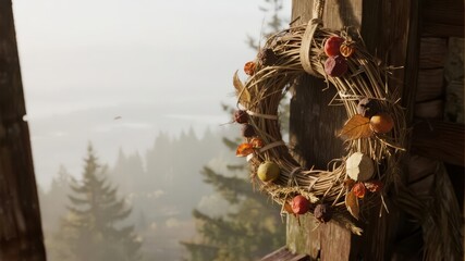 Woven Straw Harvest Wreath with Dried Berries Hanging Against Misty Forest Backdrop, Tranquil Autumn Decor
