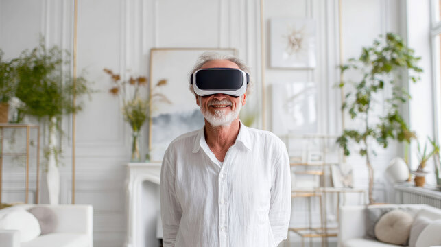 Good-looking handsome senior man using VR 360 glasses at home. Making browse and tap gestures. Concept of active modern elderly people, learning to use contemporary technologies.