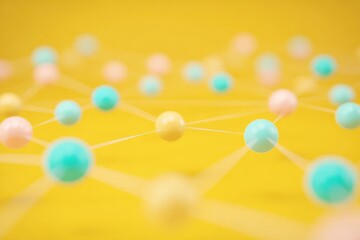 Pastel spheres connected by thin lines against a yellow background