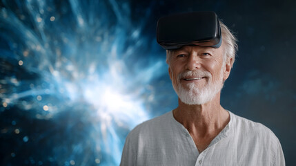 Good-looking handsome senior man using VR 360 glasses at home. Making browse and tap gestures. Concept of active modern elderly people, learning to use contemporary technologies.