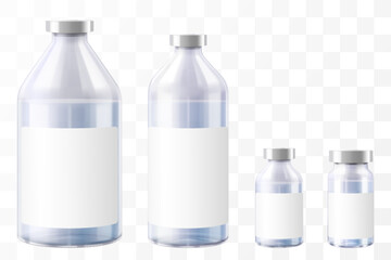 Medical Bottles. Glass Pharmacy Bottle. Drug Vial Blank. Vitamin Jar Template with Screw Lid Design. Essential Aromatic Oil Container Mockup without Label. Round Medicine Storage. Realistic 3d vector