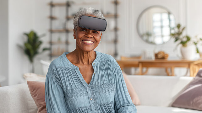 Concept futuristic technology and fun from the elderly - Mature woman African American sitting on the sofa at home having entertainment and playing with virtual reality - Happy retired uses vr glasses