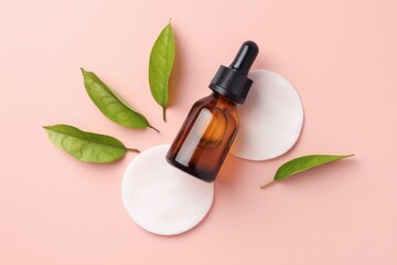 Amber bottle of serum, cotton rounds, and leaves on pink background