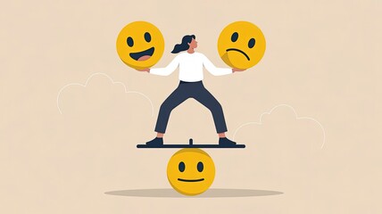 Balancing Emotions: A person stands atop a balanced scale, delicately managing the contrasting emotions of joy and sadness, symbolizing emotional equilibrium.