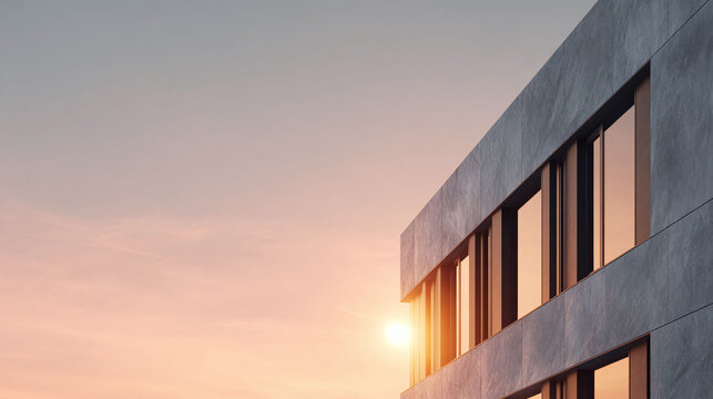 Modern architecture meets the dawn. A building facade reflects the sunrise, creating a serene and inspiring image. Perfect for illustrating success, growth, and urban development.