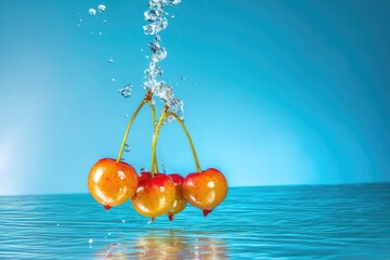 Cherries submerged in water, creating splashes and bubbles against a blue backdrop