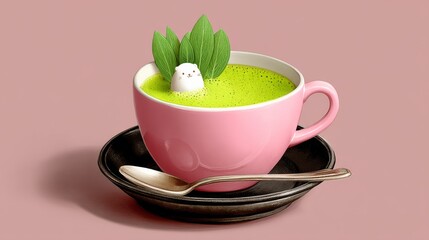 Pink cup filled with vibrant green matcha tea, topped with a cute marshmallow character and fresh mint leaves, elegantly placed on a black saucer with a silver spoon, showcasing a delightful beverage