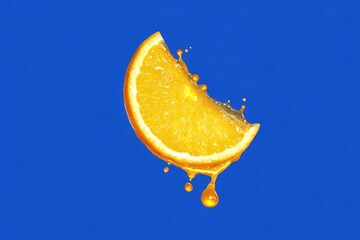 Juicy orange slice dripping on blue background