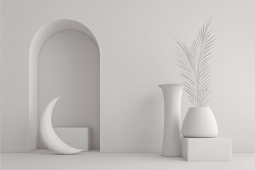 Minimalist white room, arch, crescent moon, plant, vase