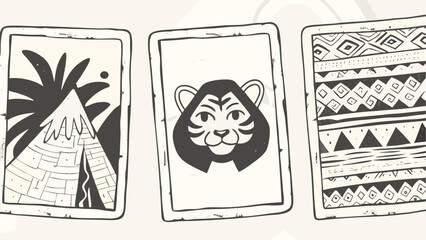 Fototapeta premium Three cards with jungle mountain tiger and tribal patterns in black and white illustration style silhouette