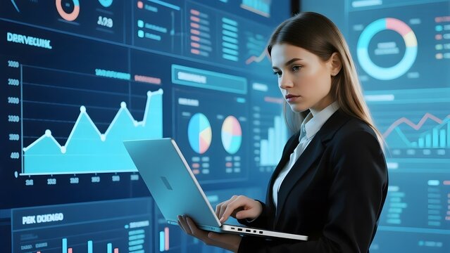 Businesswoman analyzing data on laptop with large digital display in background