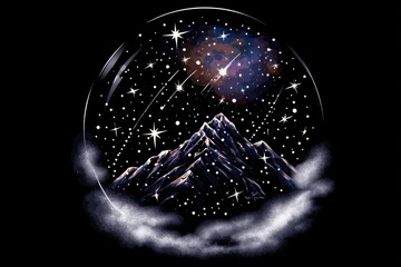 Night sky, stars, and mountain inside a glass bubble