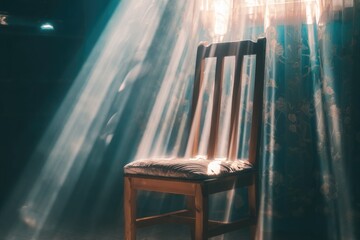 Sunbeams illuminate a lone wooden chair in a dark room