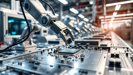Fototapeta premium Precision robotic arm assembling microchips on futuristic electronics production line