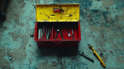 An open toolbox on gritty ground next to a recently repaired pipe