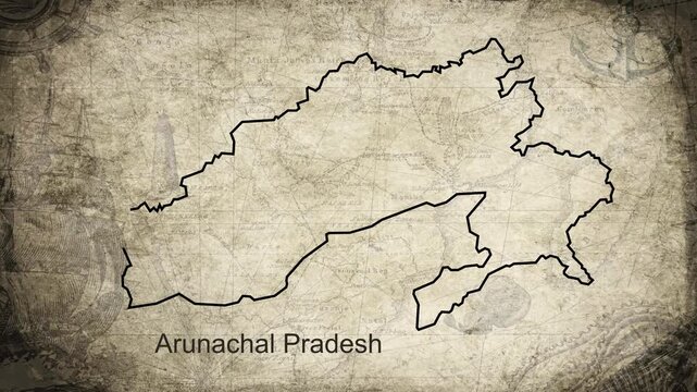 Arunachal Pradesh map drawn on a cartography background sheet of paper