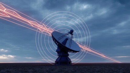 Transmitting the Signals: An evocative depiction of a satellite dish poised against a dynamic sky, sending and receiving data streams in an era of global connection.