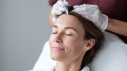 Woman receives scalp treatment for hair growth, epitomizing wellness  beauty. Concept selfcare, rejuvenation, confidence. Ideal for cosmetic ads or medical journals.