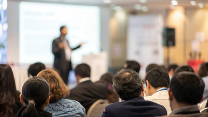 Indian business conference with full hall — attendees focused on speaker presentation