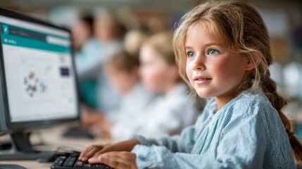 Young girl engaged in computer activity in a classroom setting, showcasing enthusiasm and focus during a learning session