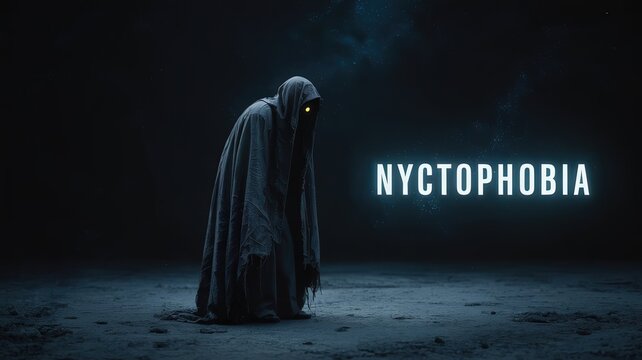 Nyctophobia: A spectral figure, cloaked in shadows, embodies the chilling fear of darkness, the word nyctophobia emblazoned to evoke a sense of dread and the overwhelming nature of fear itself. 