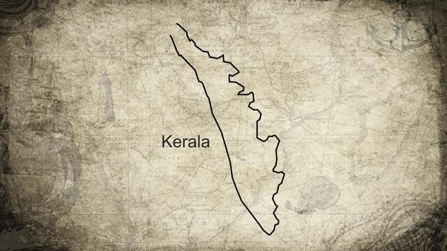 Kerala map drawn on a cartography background sheet of paper