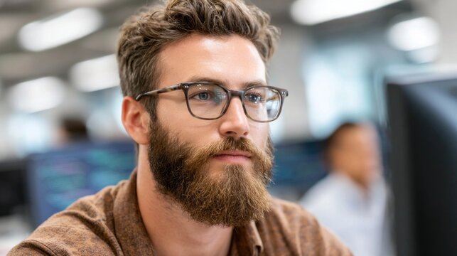 Focused male professional working at a computer in a modern office environment during the day