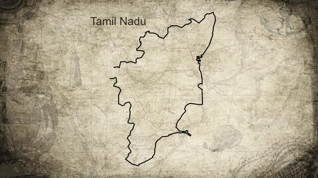 Tamil Nadu map drawn on a cartography background sheet of paper