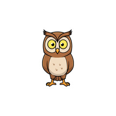 Cartoon illustration of a brown owl standing upright with large yellow eyes on a white background.