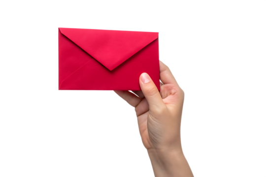 Hand holding a red envelope on white background isolated on a transparent background