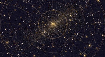 Golden constellations and celestial map on a dark night sky