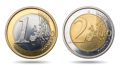 Two euro coins, one and two, in close-up view, showcasing the detailed designs, contrasting colors, and distinct values.