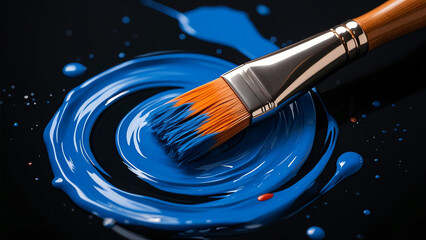 Photorealistic close-up of a paintbrush with orange and blue bristles, metallic ferrule, creating swirling blue paint strokes on black