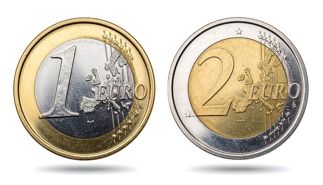Two euro coins, one and two, in close-up view, showcasing the detailed designs, contrasting colors, and distinct values. - Powered by Adobe