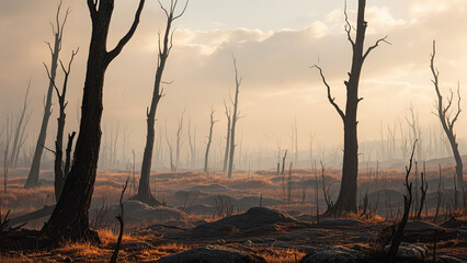 Photorealistic post-wildfire landscape with charred leafless trees against warm-hued sky, barren earth, detailed textures and natural lighting