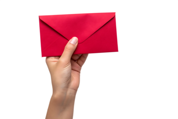 Hand holding a red envelope on white background png isolated on a transparent background