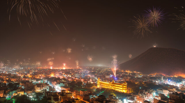 Fireworks exploding over jaipur city skyline at night during diwali festival in rajasthan, india