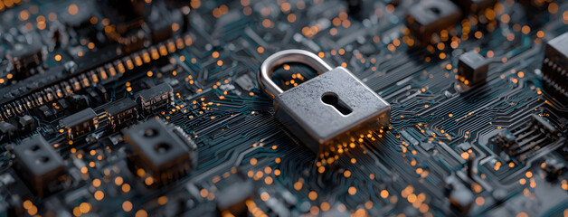 secure connection or cybersecurity service concept o compute motherboard closep and lock with login and onnecting verified credentals as wide banner design ith copyspace area - Genertive AI