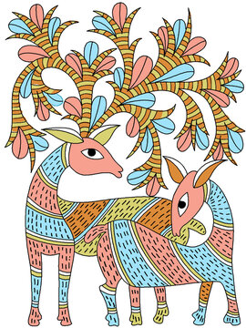 Traditional Folk Art Deer Illustration | Colorful Indian Ethnic Animal Design...