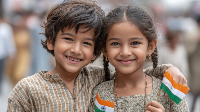 indian Children holding indian flags and crafts. - Powered by Adobe