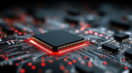 Close-up view of a central processing unit chip on a circuit board, highlighted by vibrant red light.