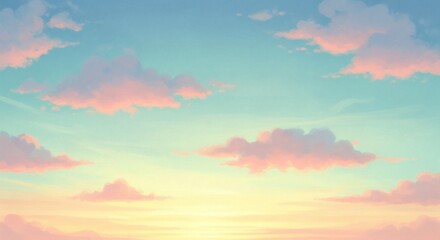 Soft pink clouds drift across a pastel blue and yellow sky