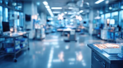 Blurred view of a modern, sterile operating room